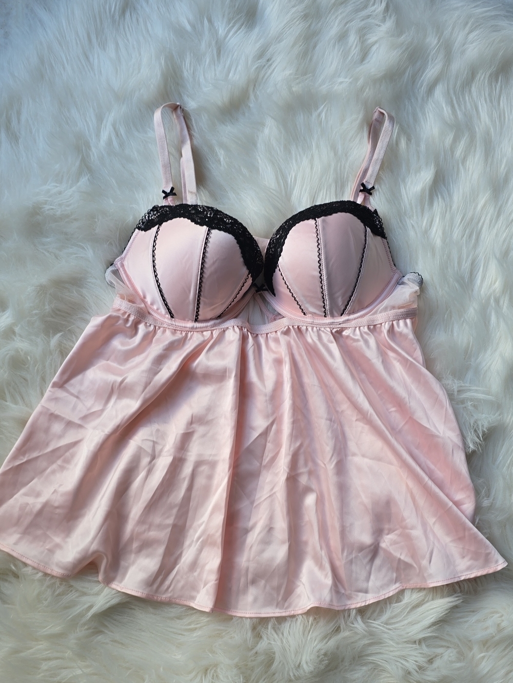 Victoria's Secret x Tease Pink Satin Black Lace Babydoll Chemise M